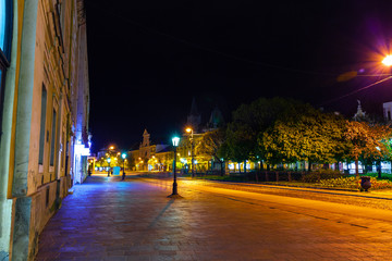 Fototapeta na wymiar Dark city street in the night with colourful lights