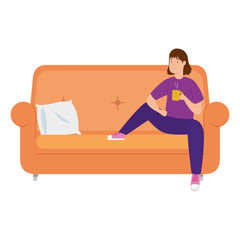Obraz na płótnie Canvas young woman stay at home drinking coffee in sofa vector illustration design