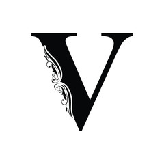 letter V. Vintage black flower ornament initial letters.  Alphabet. Logo vector 