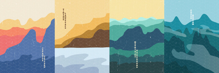 Vector illustration. Mountains, stones in water, hill in meadow, rock top. Old paper with scratches effect. Hand drawn Japanese pattern. Vintage nature graphic. Abstract flat landscape design