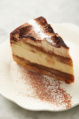 Piece of tiramisu cake on plate