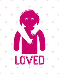 Beloved woman with care hands of a lover man hugging and caresses her shoulders, vector icon logo or illustration in simplistic symbolic style.