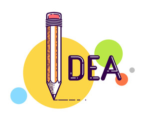 Idea word with pencil instead of letter I, creativity and brainstorm concept, vector conceptual creative logo or poster made with special font.