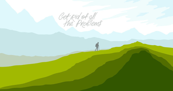 Beautiful scenic nature landscape with traveler pilgrim vector illustration summer or spring season with grasslands meadows hills and mountains, hiking traveling trip to the countryside concept.
