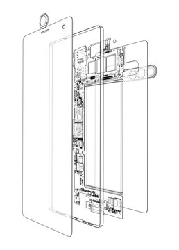 smartphone exploded view, detailed components clip art preview