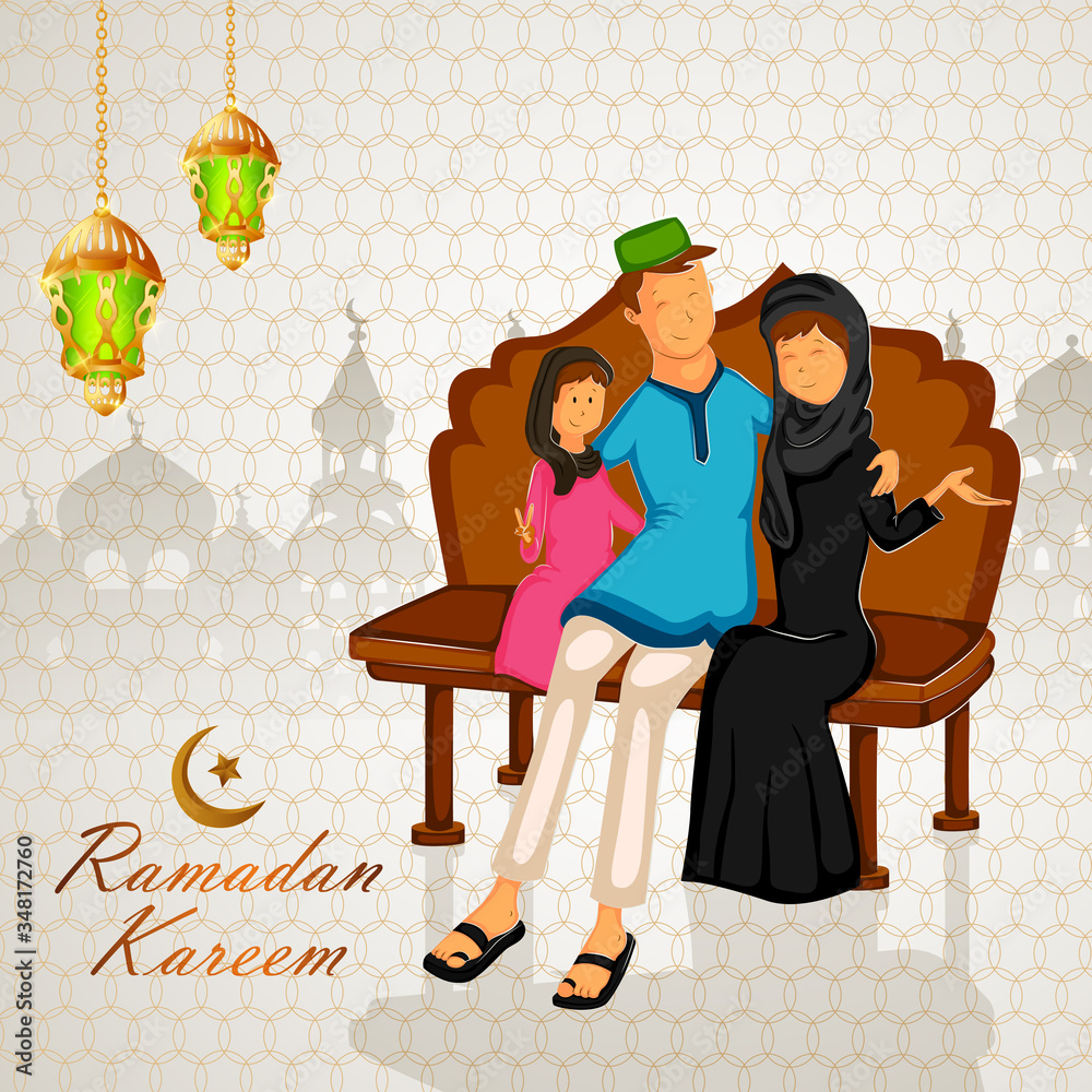 Sticker Happy muslim family celebrating Eid holiday on Ramadan in vector