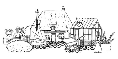 Landscape with old village house, garden, greenhouse and tools. Hand drawn outline vector sketch illustration