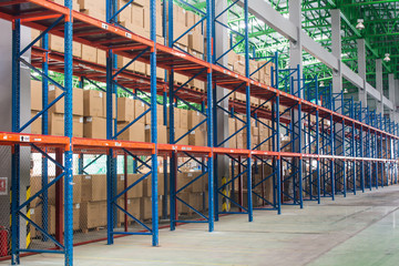 Space of shelves in the warehouse, interior of warehouse.