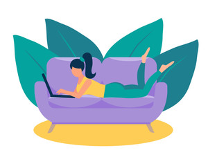 girl with laptop lies on the purple sofa. Bright colours, green trousers, yellow T-shirt and carpet. Freelance or studying concept. Remote work. Cute illustration in flat style.
