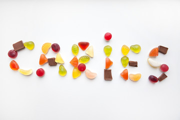 Sweetened assortment of multicolored candies.