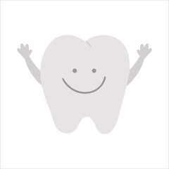 Cute kawaii tooth with hands up. Vector teeth icon for children design. Funny dental care picture for kids. Dentist baby clinic clipart with mouth hygiene concept on white background..