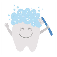 Cute kawaii tooth cleaning himself with toothbrush. Vector teeth icon for children design. Funny dental care picture for kids. Dentist baby clinic clipart with mouth hygiene concept .