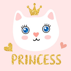 Cute funny kitty face with a golden glitter crown and 'princess' lettering inscription. Scandinavian style flat design, vector illustration for children's print, poster or card