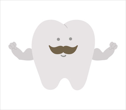 Cute kawaii strong tooth with muscles. Vector teeth icon for children design. Funny dental care picture for kids. Dentist baby clinic clipart with mouth hygiene concept on white background..
