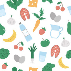 Seamless pattern with healthy food and drink icons. Vector repeat background with vegetable, milk products, fruit, berry, fish. Flat hand drawn organic nutrition texture. .