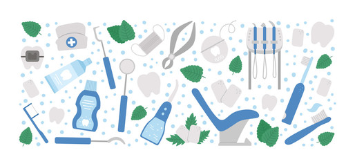 Vector horizontal layout frame with tooth care tools. Card template with elements for cleaning teeth. Dentistry equipment banner isolated on white background. Dentist icons set.