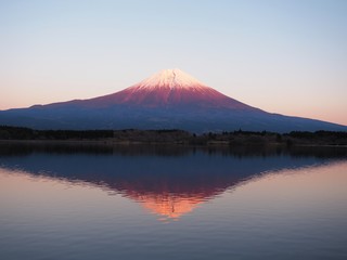 Fototapeta na wymiar 田貫湖に映る夕日の富士山