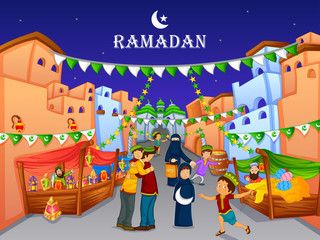Happy muslim family celebrating Eid holiday on Ramadan in vector