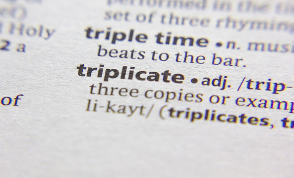 Triplicate word or phrase in a dictionary.