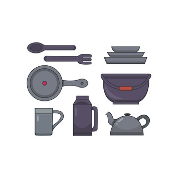 Camp kitchen utensils vector set ib cartoon style. camping dishes illustration.