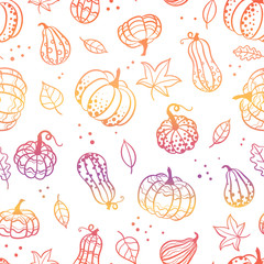 Beautiful pumpkin halloween thanksgiving seamless pattern, cute cartoon pumpkins hand drawn background, great for seasonal textile prints, holiday banners, backdrops or wallpapers - vector surface