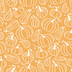 Beautiful pumpkin halloween thanksgiving seamless pattern, cute cartoon pumpkins hand drawn background, great for seasonal textile prints, holiday banners, backdrops or wallpapers - vector surface