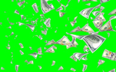 Flying dollars banknotes isolated on chromakey. Money is flying in the air. 100 US banknotes new sample. 3D illustration