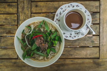 Vietnamese Fo-Bo soup with rice noodles and chicken