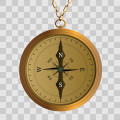 Compass. Gold compass with chains and wind-rose, navigation icon. Vector illustration