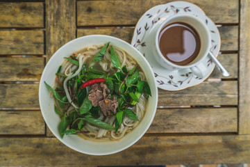 Vietnamese Fo-Bo soup with rice noodles and chicken