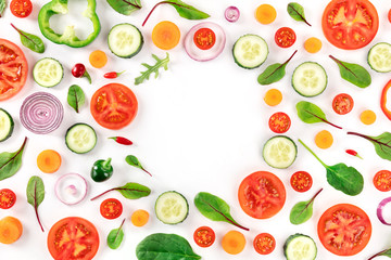 Fresh summer vegetables design, a flat lay on a white background, vibrant food frame, shot from above with copy space