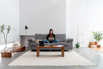 Young woman with laptop telecommuting on the sofa at her home