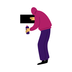 Man in hoodie drawing black graffiti artwork on wall with spray vector illustration