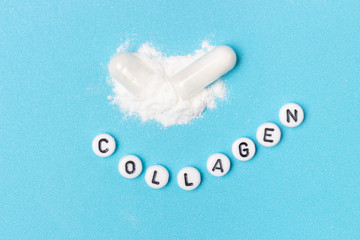 Powder, capsule and collagen inscription on blue background