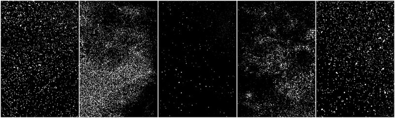 Set of distressed white grainy texture. Dust overlay textured. Grain noise particles. Snow effects pack. Rusted black background. Vector illustration, EPS 10.   