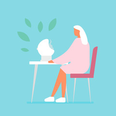 Woman uses a steam inhaler. Flu treatments, facial skin care. Herb aromatherapy