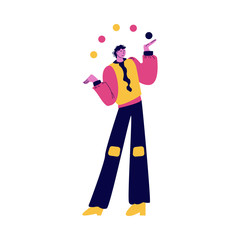 Man street atrist in bright costume standing and juggling with balls vector illustration