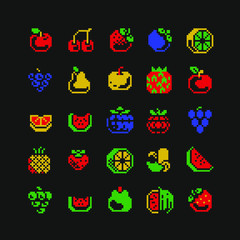 4 colors 16px fruits icons, strawberries, pear, grapes, banana, apple, pineapple and cherry. Pixel art. Design for logo, sticker and mobile app. Isolated vector illustration.