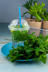 Mojito and Lemonade summer cold drink in a plastic glass with a straw. Coctail with mint, lemon, lime and ice. Serve at the bar. Beverage closeup.