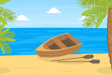Wooden Rowing Boat, Small Boat on Bank of River or Lake, Summer Mountain Landscape Vector Illustration