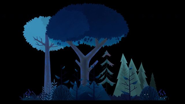 Seamless loop. Group of trees, bushes and grass swinging in wind. Blue misty night. Animated vector illustration with brushes isolated on black background with alpha luma matte.