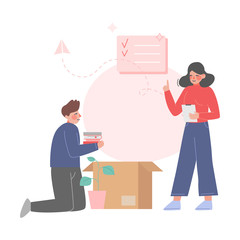 Fototapeta na wymiar Family Couple Packing or Unpacking Belongings in Cardboard Boxes, Man and Woman Relocating to New Home Vector Illustration