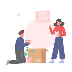 Family Couple Packing or Unpacking Belongings in Cardboard Boxes, Man and Woman Relocating to New Home Vector Illustration