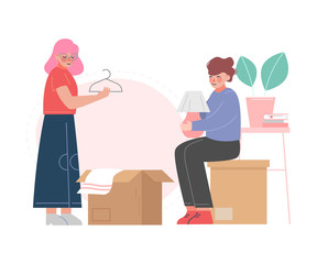 Couple Packing Belongings in Cardboard Boxes, Young Man and Woman Relocating to New Home Vector Illustration