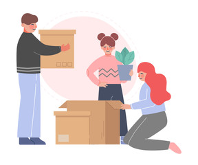 Dad, Mom and their Daughter Packing Boxes in Room, Family Relocating to New Home Vector Illustration