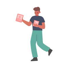 Young Man Carrying Photo Frames, Guy Packing his Stuff Preparing for Relocation Vector Illustration