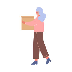 Young Woman Carrying Cardboard Box, Girl Moving to New Home Vector Illustration