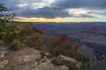 sunset at hopi point on the rim trail at the south rim of grand canyon in arizona, usa