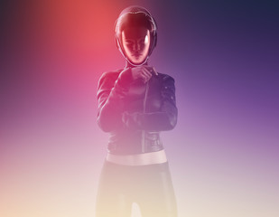 woman wearing helmet for protection from viruses- 3d rendering © hutangach