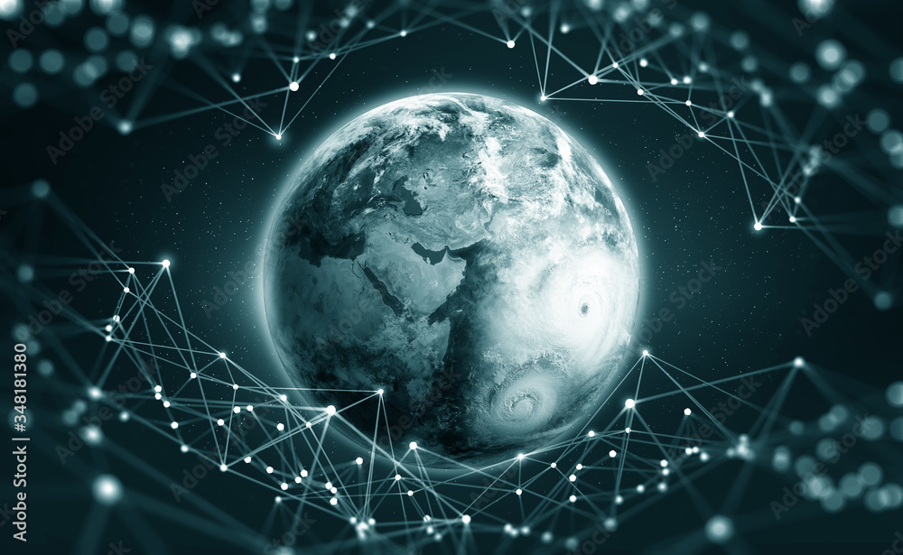 Fototapete Digital information field on a planetary scale. Information network surrounds the entire planet. Concept of futuristic communication technologies. Elements of this image furnished by NASA